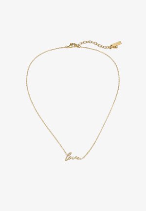 Collana placcata in oro con ciondolo "love" in corsivo, catena delicata con chiusura a moschettone e lunghezza regolabile con dettagli a maglia.