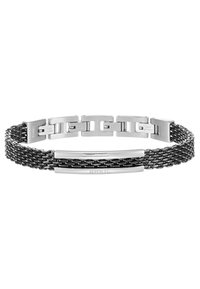 Bracciale in metallo nero intrecciato con accenti argento, dotato di una barra liscia al centro incisa con "BREIL." Design resistente e texturizzato.