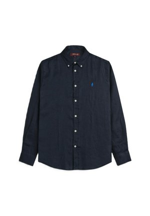 Camicia blu navy a maniche lunghe con bottoni, colletto con bottoni e piccolo logo blu ricamato sul petto sinistro.