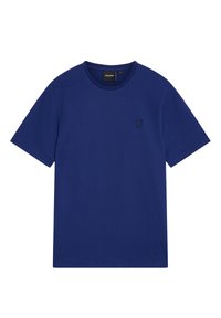 Marineblå T-skjorte laget av bomull med korte ermer, rund hals og en liten svart brodert logo på venstre bryst.