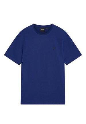 Mørkeblå T-shirt lavet af bomuld med korte ærmer, rund halsudskæring og et lille sort broderet logo på venstre bryst.