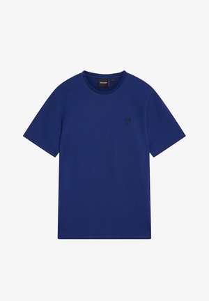 Mørkeblå T-shirt lavet af bomuld med korte ærmer, rund halsudskæring og et lille sort broderet logo på venstre bryst.