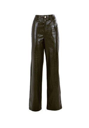 Pantaloni a gamba larga in pelle nera con vita alta, caratterizzati da una chiusura con bottoni, una texture liscia e un design minimalista.