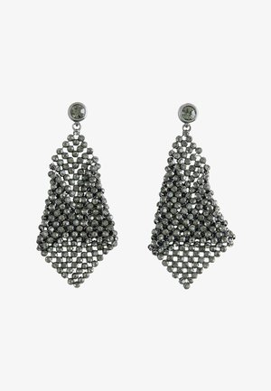 Long silver-tone earrings with multiple small round rhinestones arranged in a cascading diamond mesh pattern.