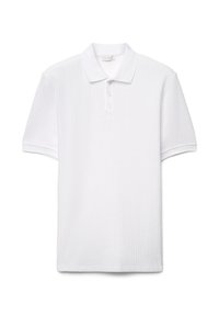 Weißes Poloshirt mit strukturiertem Muster, Drei-Knopf-Leiste und kontrastierendem Besatz an den Ärmeln. Reguläre Passform aus Baumwollmaterial.