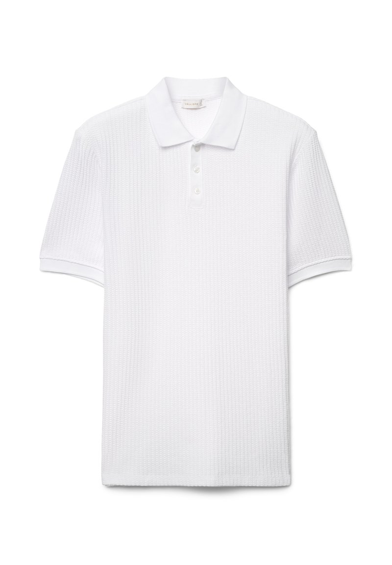 Weißes Poloshirt mit strukturiertem Muster, Drei-Knopf-Leiste und kontrastierendem Besatz an den Ärmeln. Reguläre Passform aus Baumwollmaterial.