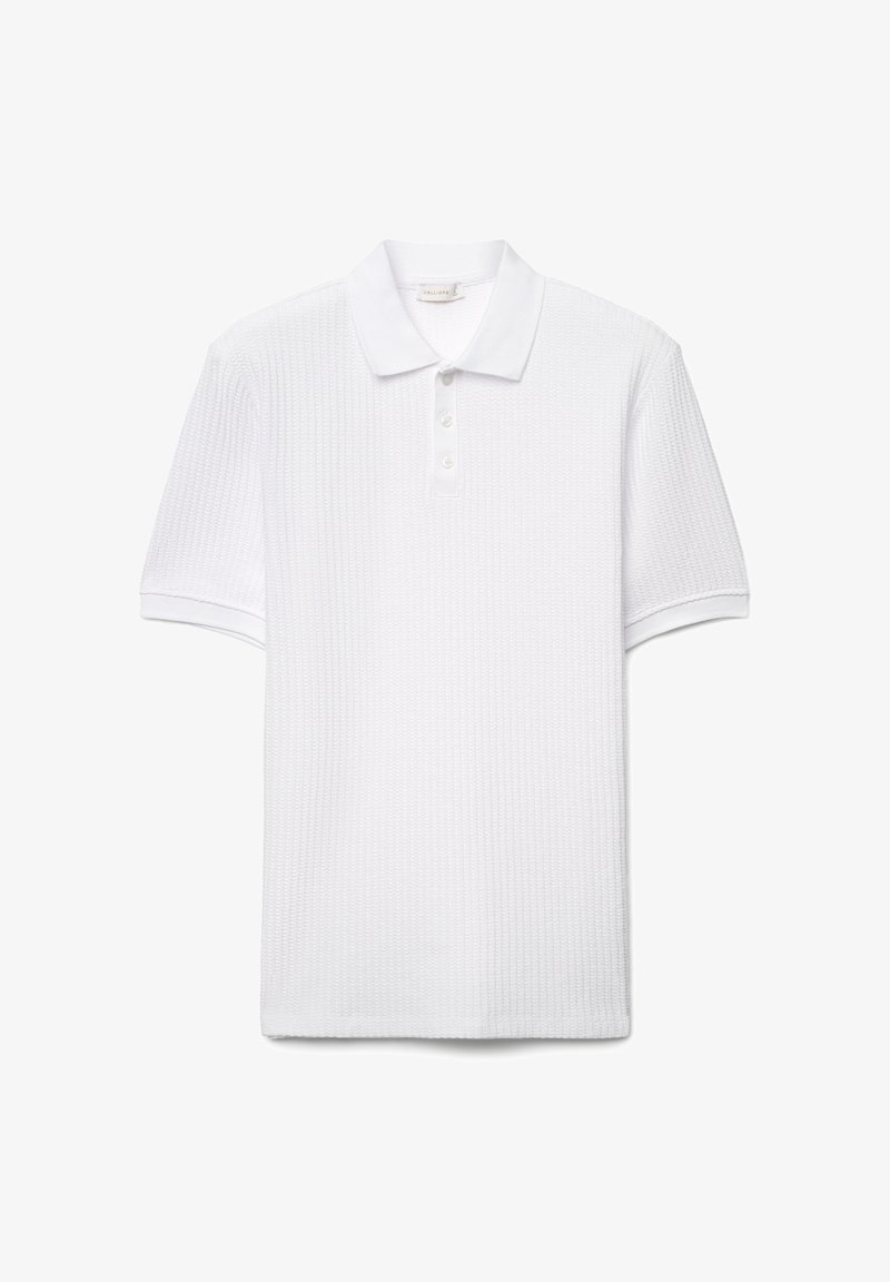 Weißes Poloshirt mit strukturiertem Muster, Drei-Knopf-Leiste und kontrastierendem Besatz an den Ärmeln. Reguläre Passform aus Baumwollmaterial.