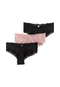 Three pairs of panties: two black with lace trim and one blush pink with lace accents. Soft fabric, seamless design.