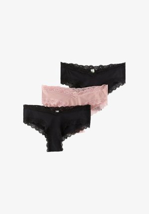 Trois paires de culottes : deux noires avec des bordures en dentelle et une rose clair avec des accents en dentelle. Tissu doux, design sans coutures.