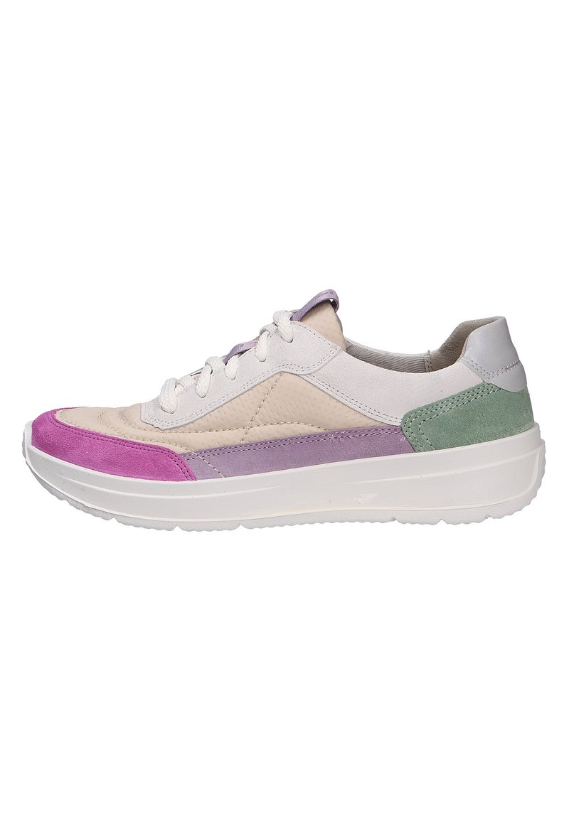 Bunt gefärbter Sneaker mit einem weißen Mesh- und Wildlederobermaterial, das mit rosa, lavendelfarbenen und grünen Akzenten versehen ist. Weiße Gummisohle, Schnürdesign.
