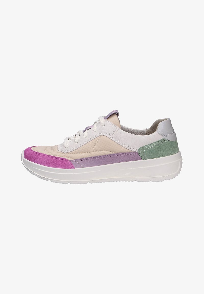 Multicolored sneaker with a white mesh and suede upper, featuring pink, lavender, and green accents. White rubber sole, lace-up design.