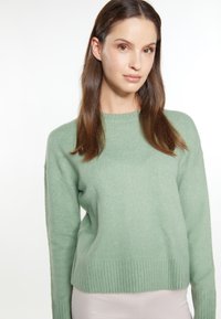Hellgrüner Pullover aus weichem Material, mit Rundhalsausschnitt, geripptem Saum und langen Ärmeln, in lockerer Passform und mit minimalen Details.