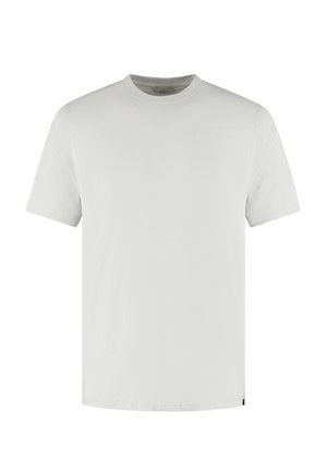 Plain light gray short-sleeve crew neck t-shirt with a small black tag on the lower left hem against a white background.