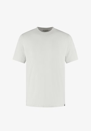 Schlichtes hellgraues T-Shirt mit kurzen Ärmeln und Rundhalsausschnitt, mit einem kleinen schwarzen Etikett am unteren linken Saum, vor weißem Hintergrund.