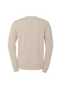 Sweatshirt beige à manches longues avec un col rond et des poignets côtelés. Texture lisse, design minimal et sans marques ni motifs visibles.