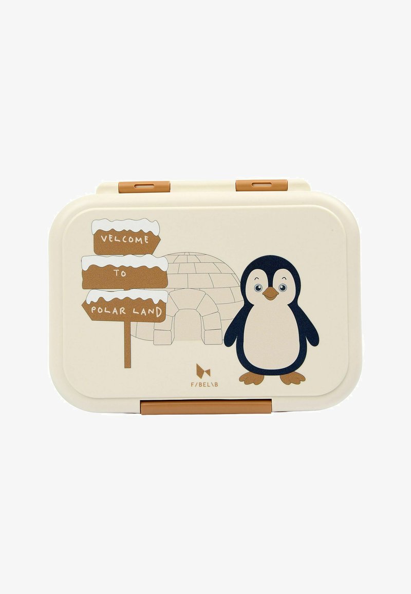 Boîte à lunch beige avec un pingouin de dessin animé, un igloo et un panneau en bois enneigé indiquant "Welcome to Polar Land."