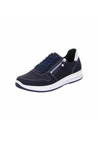 Navy blue athletic shoe with a textured mesh upper, lace closure, side zipper detail, and white rubber sole. Perforated design for breathability.