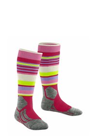Knielange Socken mit bunten horizontalen Streifen in Pink, Gelb und Lila, mit einem grauen gepolsterten Bereich an der Zehe und der Ferse.