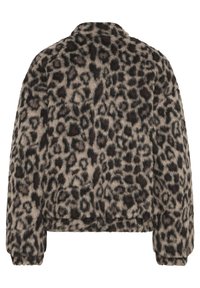Veste en fausse fourrure à imprimé léopard avec un design court, des manches longues et des poignets élastiques. Texture douce avec des nuances de brun foncé et clair.