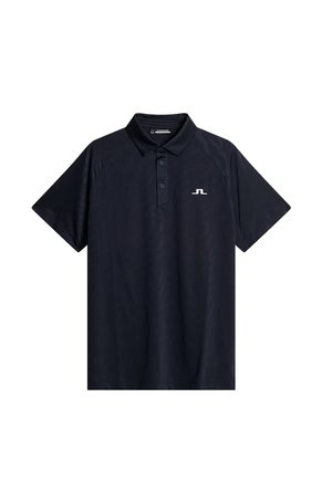 Navy short-sleeve polo shirt made of smooth fabric, featuring a collar, button placket, and a white logo on the left chest.
