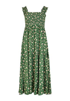 Green maxi dress featuring a smocked bodice, ruffled straps, and a floral pattern with light pink flowers. Includes a tiered skirt design.