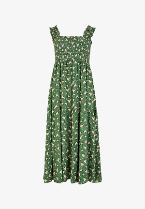 Grünes Maxikleid mit gerafftem Oberteil, Rüschenträgern und einem floralen Muster mit hellrosa Blumen. Enthält ein gestuftes Rockdesign.