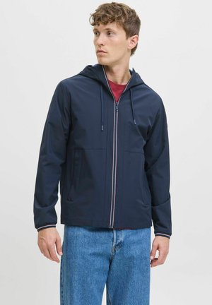 Navy blue hooded jacket with a front zipper and two pockets; features contrasting red and white accent stripes along the zipper and cuffs.
