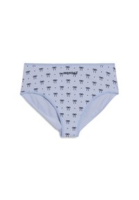 Light blue panties with a repeated black bow pattern and small dots. Features a comfortable cut and stretchy fabric. "MONDAY" printed on front.