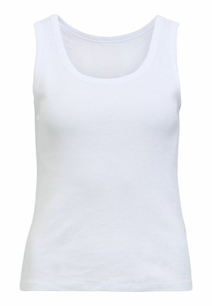 Débardeur blanc côtelé sans manches avec un col en U et une silhouette ajustée.