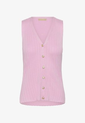 Ružový rebrovaný cardigan bez rukávov s výstrihom do V a šiestimi gombíkmi so zlatým odtieňom vpredu.