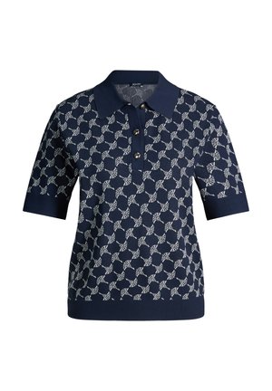 Marineblå poloshirt med korte ærmer, hvidt indviklet geometrisk blomsterprint og tre sorte knapper på frontknaplisten.