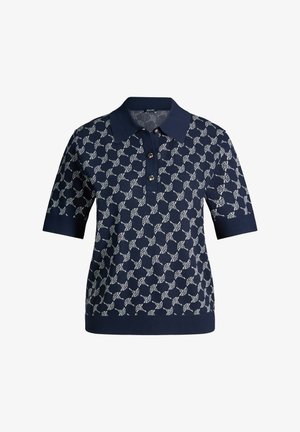 Tengerészkék, rövid ujjú galléros ing, fehér, bonyolult geometrikus virágmintával és három fekete gombbal az elülső gombsoron.