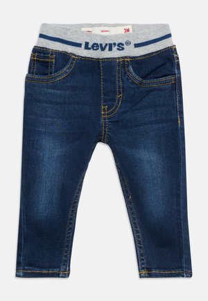 Mørkeblå skinny jeans til spedbarn med elastisk grå midje med Levi's-logo og størrelsesetikett 3M.