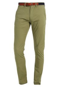 Olive green slim-fit trousers with a flat front, featuring a brown leather belt and dark waistband, made from lightweight cotton blend fabric.