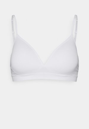 White bralette featuring a smooth, triangular cup design, adjustable straps, and an elastic band for support. Soft fabric with no embellishments.
