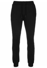 Zwarte katoenen sweatpants met een elastische tailleband, trekkoordsluiting en taps toelopende enkels. Gladde textuur, geen zichtbare patronen of accenten.