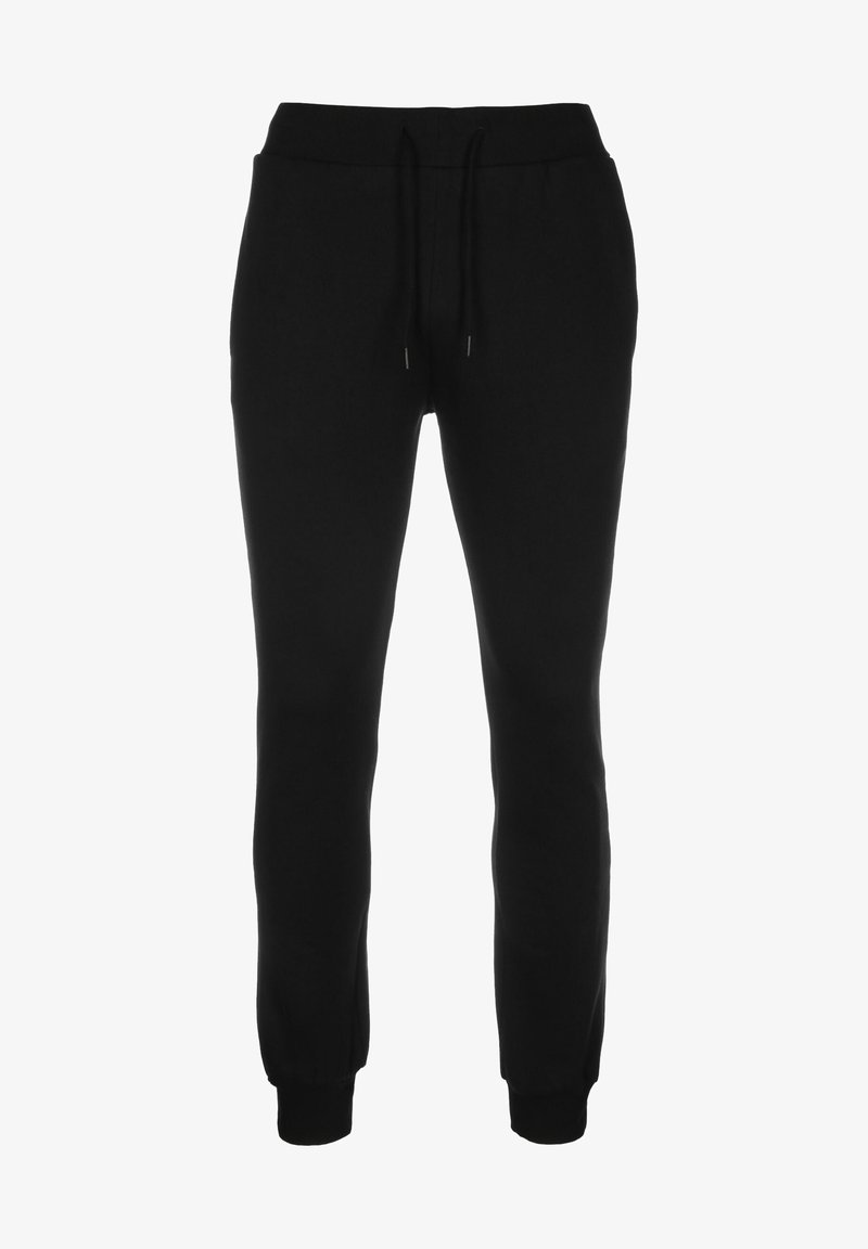 Zwarte katoenen sweatpants met een elastische tailleband, trekkoordsluiting en taps toelopende enkels. Gladde textuur, geen zichtbare patronen of accenten.