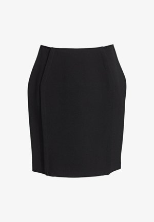 Jupe crayon noire longueur genou avec taille haute et détails subtils de coutures sur fond blanc.