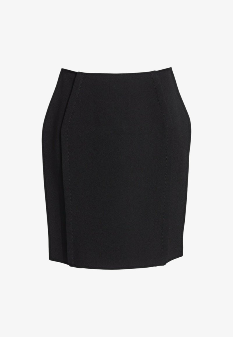 Jupe crayon noire longueur genou avec taille haute et détails subtils de coutures sur fond blanc.