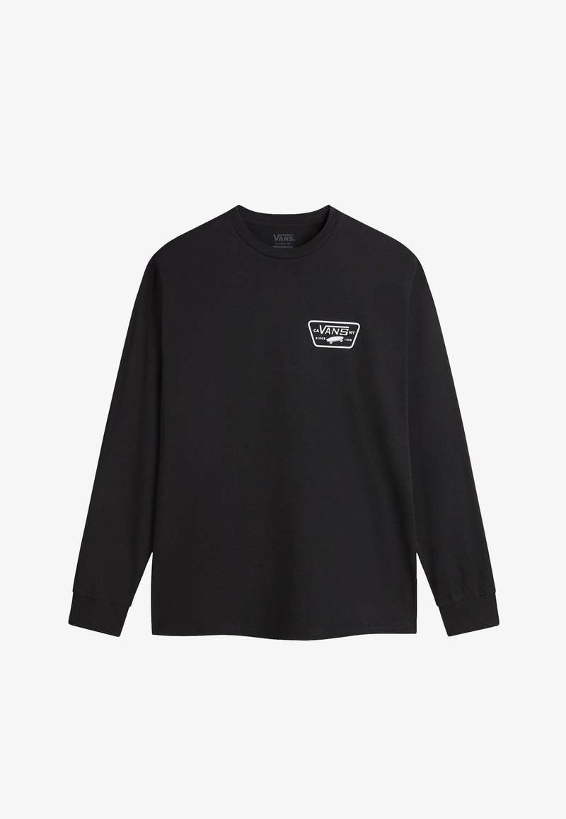 Czarny t-shirt z długim rękawem wykonany z bawełny, z białym logo Vans na klatce piersiowej. Prosty okrągły dekolt i dopasowane mankiety.