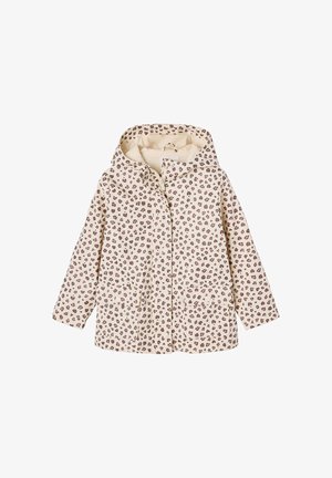 Beige Regenmantel mit Leopardenmuster und Kapuze, mit einem Frontreißverschluss, zwei Taschen und einem weichen Innenfutter für zusätzlichen Wärme.