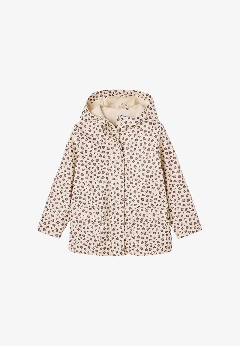 Beige Regenmantel mit Leopardenmuster und Kapuze, mit einem Frontreißverschluss, zwei Taschen und einem weichen Innenfutter für zusätzlichen Wärme.