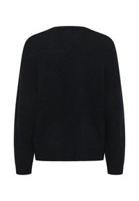 Schwarzer, gestrickter Pullover mit lockerer Passform, langen Ärmeln und runder Ausschnitt. Strukturierter Stoff mit glatter Oberfläche.