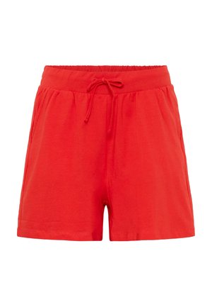 Rode katoenen shorts met een elastische tailleband en trekkoord. Voorzien van twee zijzakken en een gladde textuur. Afgewerkt aan de onderkant.