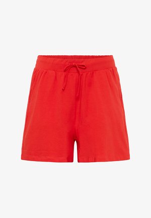 Rode katoenen shorts met een elastische tailleband en trekkoord. Voorzien van twee zijzakken en een gladde textuur. Afgewerkt aan de onderkant.