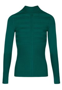 Pull en maille côtelée vert foncé à manches longues avec col montant et rayures texturées horizontales sur le haut du dos.