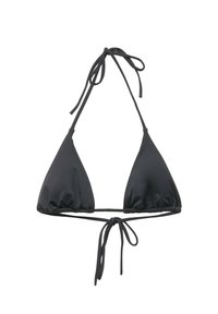 Haut de bikini triangulaire noir en tissu lisse, avec des liens ajustables au cou et au dos pour un ajustement personnalisé.