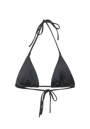 Haut de bikini triangulaire noir en tissu lisse, avec des liens ajustables au cou et au dos pour un ajustement personnalisé.