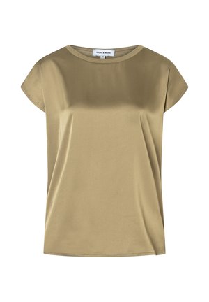 Short-sleeve, olive green top made from smooth fabric. Features a rounded neckline and slightly loose fit with subtle draping.
