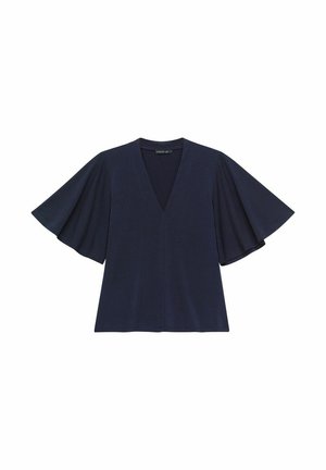 Navy blue top with a V-neck, short flared sleeves, and a relaxed fit. Made of soft fabric with a smooth texture and no visible patterns.